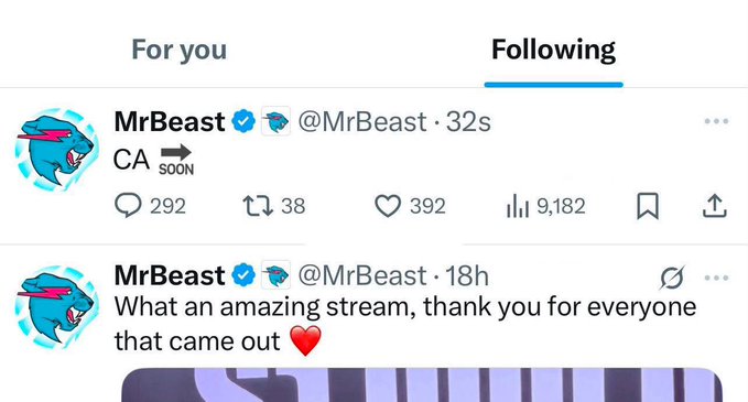 The image shows MrBeast's X (Twitter) "Following" feed, featuring a tweet from @MrBeast posted 32 seconds earlier reading "CA ➡️ SOON" with 9,182 views, alongside an earlier post thanking viewers for an amazing stream. The screenshot supports the accompanying claim by showing MrBeast teasing a potential contract address ("CA") announcement soon, which aligns with the context of a presale warning that was posted and then deleted.