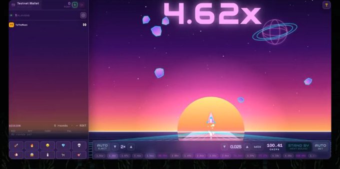 A retro-futuristic slot machine game screen displaying "4.62x" multiplier with synthwave aesthetics featuring a sunset, planets, and a rocket.