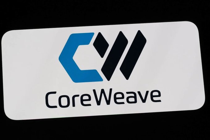 The CoreWeave company logo displayed on a white surface against a black background.