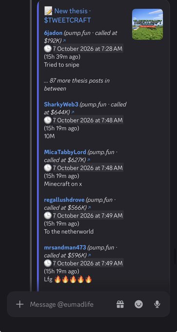 Discord screenshot showing new thesis posts for $TWEETCRAFT, listing multiple users like 6jadon, SharkyWeb3, MicaTabbyLord with their pump.fun call prices ranging from $566K to $644K.