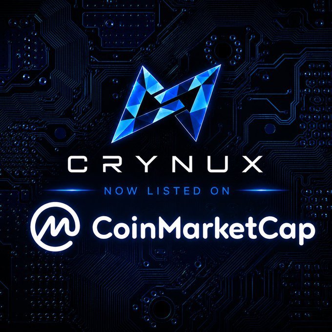 A promotional graphic announcing that 'CRYNUX' is 'NOW LISTED ON CoinMarketCap', featuring a blue crystalline logo over a circuit board background.