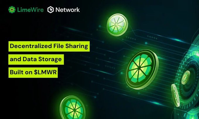 The image features a green circle with a slice of lime inside, surrounded by other circles that are also green. The text "decentralized file sharing" and "built on $LMWR" can be seen, along with the phrase "decentralized storage". The background is black, but there's a white line running through it.