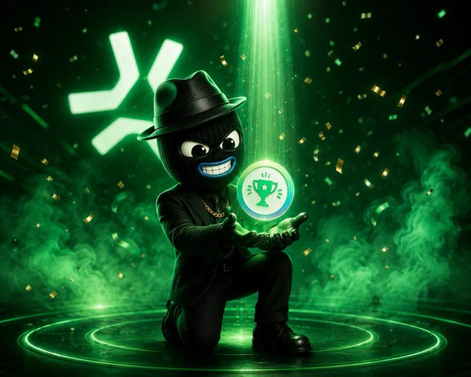 A 3D-rendered character in a black suit and fedora holding a glowing green trophy with a key icon, set against a dark background with green lighting, confetti, and a glowing star symbol.