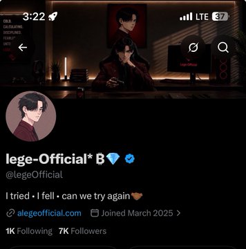 A Twitter/X profile screenshot for "lege-Official* B" (@legeOfficial) with the bio "I tried · I fell · can we try again," showing 1K Following and 7K Followers, joined March 2025, with a link to alegeofficial.com.