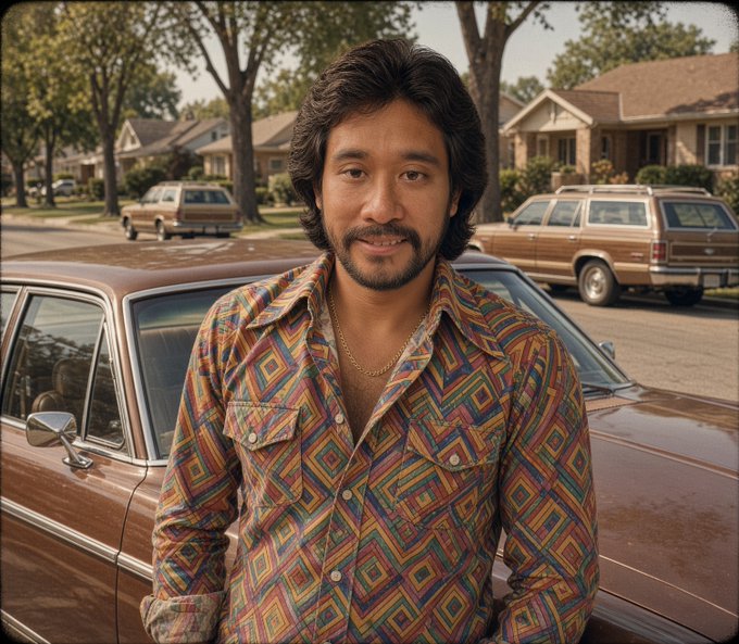 Retro-styled portrait of a man with dark hair and a beard, wearing a colorful geometric-patterned shirt and gold chain, standing in front of a brown vintage car in a suburban neighborhood.