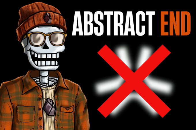 An illustration of a skeleton wearing a brown beanie, sunglasses, and an orange plaid shirt next to a loading icon with a red X, labeled 'ABSTRACT END'.