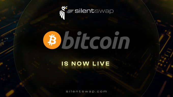 The image is a promotional graphic for SilentSwap featuring a stylized Bitcoin logo and the text "silentswap," "bitcoin," and "IS NOW LIVE" against a dark circuit board background, with "silentswap.com" at the bottom. It visually announces Bitcoin integration on the platform, complementing the caption by highlighting SilentSwap's privacy-focused, peer-to-peer ethos that aligns with Bitcoin's original vision of removing intermediaries—while taking it further by removing the audience as well.