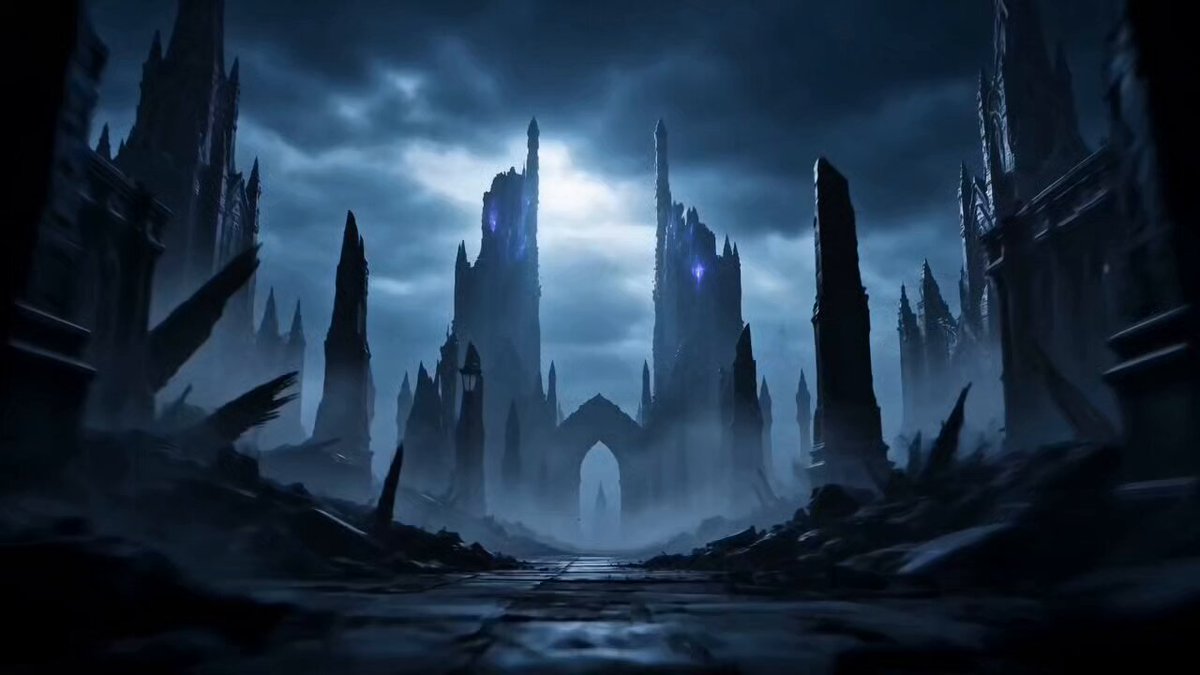 The image features a large, dark castle with multiple towers and spires, surrounded by ruins and rubble. The sky above the scene is filled with clouds, creating an eerie atmosphere. In the foreground of the image, there are two gates that appear to be open, leading towards the ruins in the background. A figure can be seen standing near these gates, possibly a hero or a traveler. The caption for this image reads: "The gates of Astralis stand open. Heroes awake. Mana flows. The Burn Ritual strengthens the Circle. New realms await beyond the portal. This is more than a game. This is Wizard World."