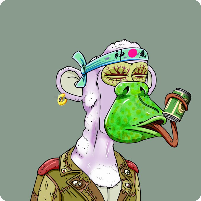 A digital illustration of a monkey character wearing a headband with Chinese characters, a military-style jacket, a gold earring, and holding a can while a green reptilian face with a long tongue emerges from the back of its head.