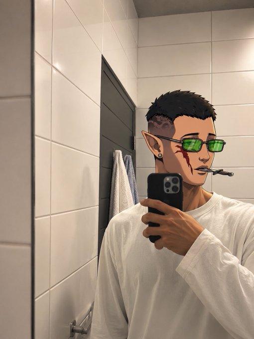 A mirror selfie shows a man taking a photo with his phone in a tiled bathroom, but his face has been edited into an anime-style character with pointed elf-like ears, green-tinted sunglasses, spiky hair, a cigarette in his mouth, and a red scar across his cheek. The stylized, edgy edit adds a bold, unapologetic aesthetic that matches the post's confident tone celebrating weekly wins like 250k+ impressions and connecting with new people.