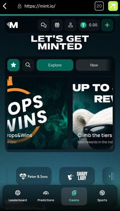 A mobile screenshot of the website 'mint.io' showing a 'LET'S GET MINTED' header above tabs for Casino and Sports games like 'Drops&Wins' and 'Climb the tiers'.