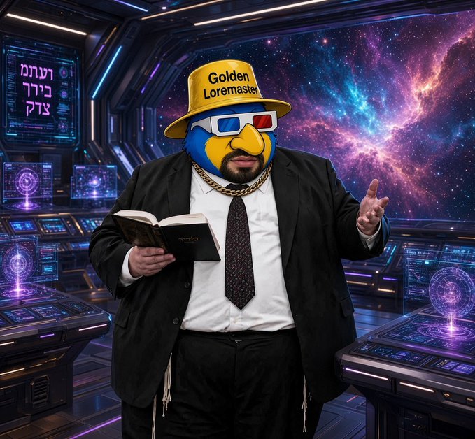 A man wearing a yellow hat reading 'Golden Loremaster', 3D glasses, and a blue bird-like mask holds an open book in a sci-fi spaceship setting with Hebrew text on a control panel.