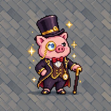 A pixel art illustration depicts a pig dressed in a dapper purple suit, top hat, and monocle, holding a cane and a pocket watch.