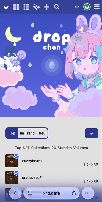 A mobile browser screenshot of the xrp.cafe website showing the 'drop chan' NFT collection, with Top NFT collections ranked by 24-hour volume including Fuzzybears (5.9K XRP).