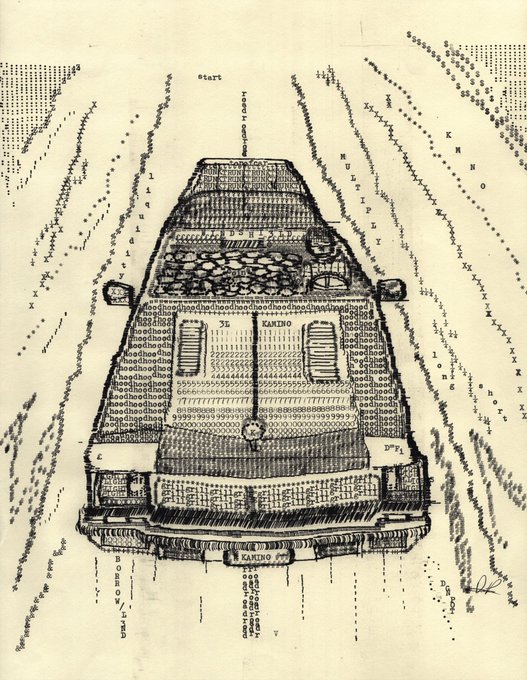 A detailed ASCII/typographic artwork depicting the front view of a 'KANJINKI' tank or vehicle, with scattered text characters surrounding it on a cream background.