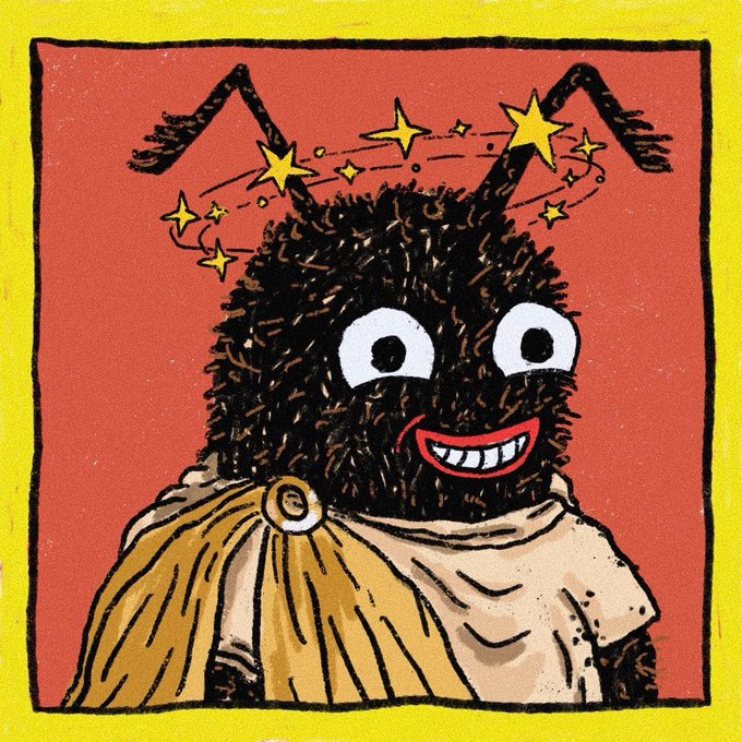 An illustration of a smiling, fuzzy dark creature with antennae and stars circling its head, wearing a yellow and white garment on a red background.