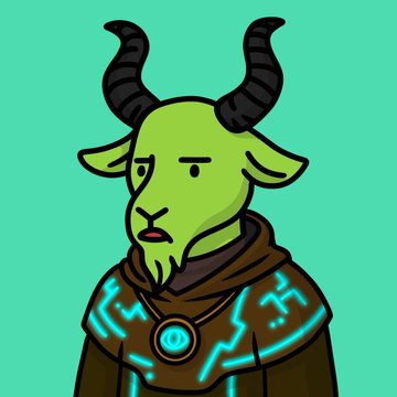 Cartoon illustration of a green goat character with black horns wearing a brown hooded robe featuring glowing blue runes and a circular emblem, set against a solid teal background.