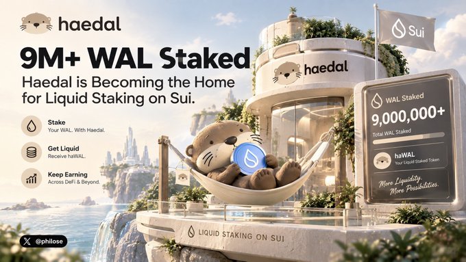 An advertisement for 'haedal' on the Sui blockchain announcing '9M+ WAL Staked' and promoting its features: Stake, Get Liquid, and Keep Earning.
