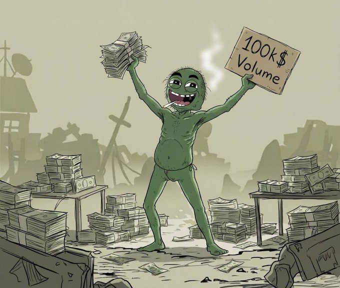 A cartoon illustration shows a green goblin-like creature joyfully holding up stacks of cash and a cardboard sign reading "100k$ Volume" amidst piles of money in a war-torn landscape.