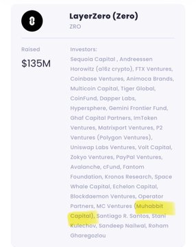A fundraising announcement for LayerZero (ZRO) showing $135M raised from notable crypto investors including Sequoia Capital, Andreessen Horowitz (a16z crypto), FTX Ventures, Coinbase Ventures, Animoca Brands, Multicoin Capital, Tiger Global, and others.