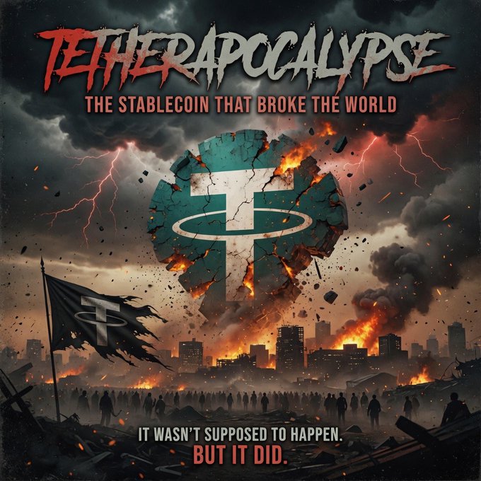 Apocalyptic movie-poster style artwork titled 'TETHERAPOCALYPSE: THE STABLECOIN THAT BROKE THE WORLD' showing a shattered Tether logo over a burning city with the tagline 'IT WASN'T SUPPOSED TO HAPPEN. BUT IT DID.'