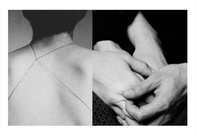 A black and white diptych showing a person's bare back with crossed string straps on the left, and hands gently clasped together on the right.