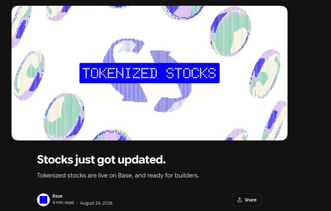 An announcement for tokenized stocks on Base, with a pixelated graphic of Earth and dollar signs, stating 'Stocks just got updated.' and 'Tokenized stocks are live on Base, and ready for builders.'