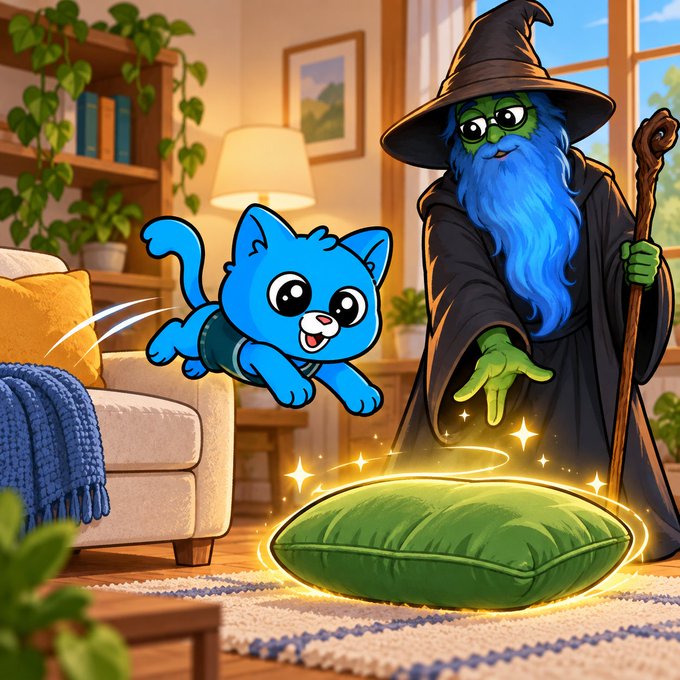 A cartoon illustration shows a green-skinned wizard with a blue beard and a flying blue cat in a cozy living room, casting a glowing yellow spell over a green pillow.