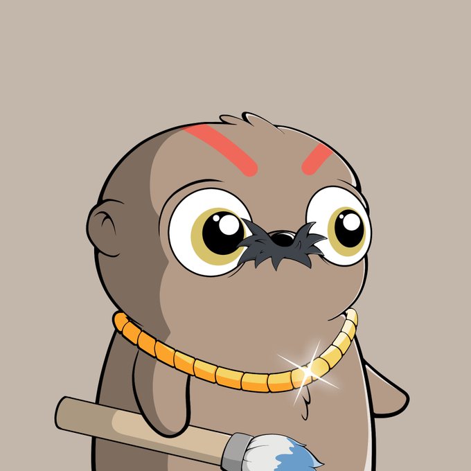 A cartoon baby seal character with angry red eyebrows, large expressive eyes, wearing a gold chain necklace and holding a paintbrush.