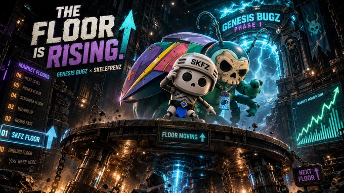 A vibrant promotional graphic for 'THE FLOOR IS RISING' featuring 'GENESIS BURGZ PHASE 1' by SKELEFRENZ, showing cartoon characters with parachutes in a cyberpunk-style setting with market floor displays.