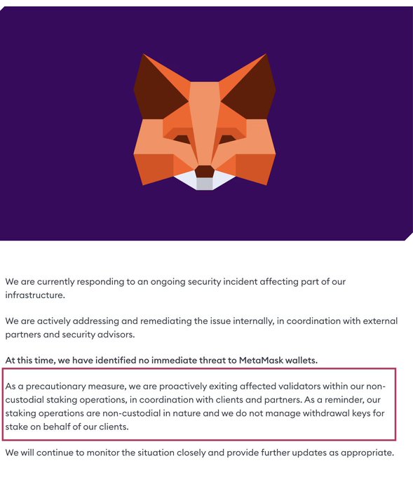 A MetaMask-branded announcement featuring its orange geometric fox logo on a purple background, stating the company is responding to an ongoing security incident by proactively exiting affected non-custodial staking validators, while confirming no immediate threat to MetaMask wallets has been identified.