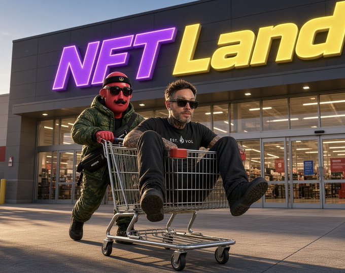 A stylized image shows a man sitting in a shopping cart being pushed by another man in front of a large store with a glowing neon sign that reads 'NFT Land.'