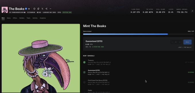 The image shows a website called Mint The Beaks with a cartoon character wearing a pink hat sitting at a desk. There are two tabs open, one displaying a cartoon of a bird and another showing a list of items for sale. The website is promoting NFTs (Non-Fungible Tokens) as an alternative to traditional digital currency, stating that it's "so back and beaks prove it 0.03 TO 0.2ETH as stated @loshmi - the way is to stop undercut for 3 dolla profit and lil more to add: ... create hype on public". The website also mentions a price of 0.02 for mints.