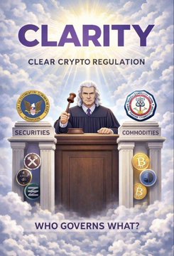 This image is a promotional poster for the "CLARITY Act" regarding "Clear Crypto Regulation," featuring a judge presiding over a division between "Securities" (represented by the SEC seal) and "Commodities" (represented by the CFTC seal). The illustration visually depicts the legal debate over "Who Governs What?" by placing a judge amidst clouds and cryptocurrency symbols like Bitcoin and XRP to represent the regulatory landscape mentioned in the post.