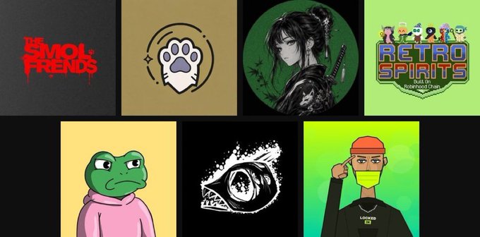A collection of NFT project logos and avatars including 'Evil Mod Friends', a paw print emblem, an anime-style samurai girl, 'Retro Spirits - ToxicRootsDojo', a Pepe-style frog in a pink hoodie, a stylized eye, and a character wearing a pink cap and yellow mask.
