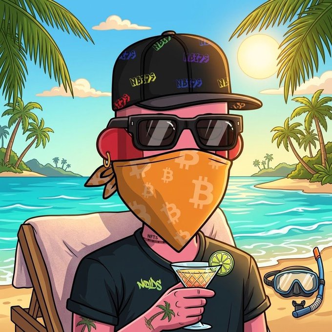A stylish cartoon figure lounges on a tropical beach, wearing an NFT-patterned cap, dark sunglasses, and a Bitcoin bandana over their face while holding a margarita, with snorkeling gear resting in the sand beside them—perfectly capturing the relaxed, crypto-loving "gm" vibe.