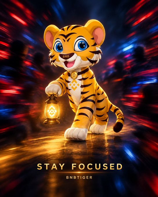 A cartoon tiger mascot wearing a BNB necklace and holding a glowing lantern, with 'STAY FOCUSED' and 'BNBTIGER' text against a dynamic red and blue background.