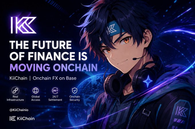 A promotional graphic for KiiChain features an anime-style character with dark hair and a headset against a cosmic backdrop, alongside the text "THE FUTURE OF FINANCE IS MOVING ONCHAIN" and details about their "KiiChain | Onchain FX on Base" service with icons for Real Infrastructure, Global Access, 24/7 Settlement, and Onchain Security.

The image directly illustrates the post's message by visually representing KiiChain's answer to blockchain's infrastructure challenge, showcasing their Onchain FX platform as a practical solution that moves crypto beyond speculation into real financial utility on the Base network.