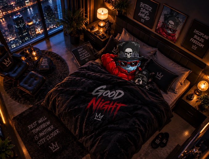 An AI-generated bedroom scene with a skeleton figure in a red jacket lying under a 'Good Night' blanket, surrounded by motivational posters and a city skyline view.