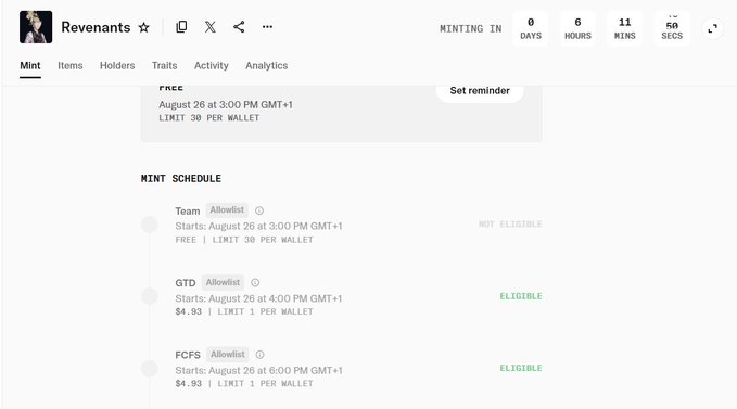 A webpage for a 'Revenants' NFT mint event showing the mint starting on August 26 with schedules for Team (Free), GTD ($4.93), and FCFS ($4.93) rounds, with the GTD and FCFS rounds marked 'ELIGIBLE'.