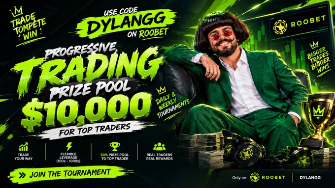 An advertisement for a Roobet trading tournament featuring DylanGG, with a $10,000 progressive trading prize pool for top traders.