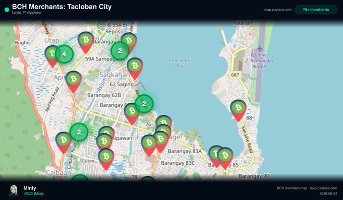 A map of Tacloban City, Leyte, Philippines displaying BCH merchant locations marked with green Bitcoin-style pins, credited to user Minty (@BCHMinty), dated 2020-08-24.