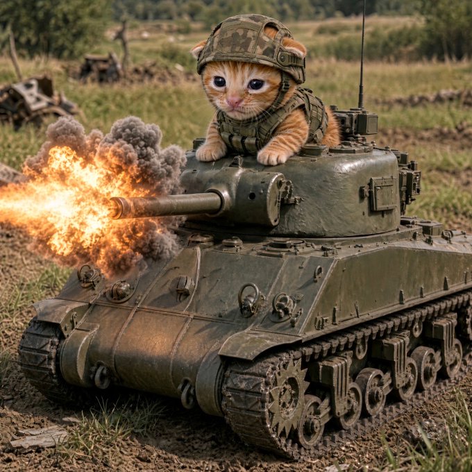 An adorable orange kitten in a tiny camouflage helmet peers out from the turret of a military tank mid-firing, blending humor with warfare imagery. The image playfully illustrates the "Buy the dip" sentiment, suggesting that even after a market "battle," the cat soldier is ready for the next rally.