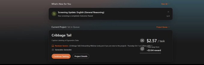 A screenshot of an Outlier platform dashboard showing 'What's New For You' with a 'Screening Update: English' notification, and a 'Current Project' titled 'Cribbage Tali' for caption labeling at $2.57/task.