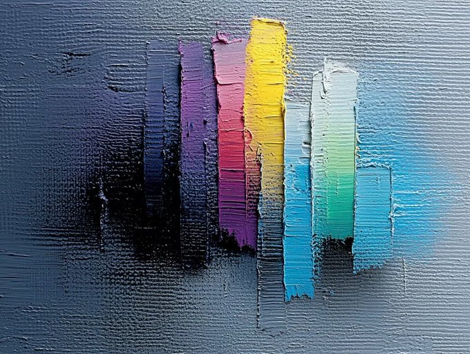 An abstract painting featuring thick vertical brushstrokes in vibrant colors—purple, yellow, pink, green, and blue—on a textured gray surface.