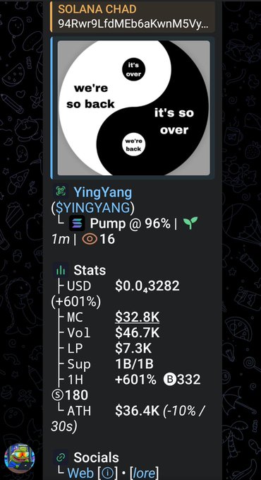 A token tracking panel for 'YingYang ($YINGYANG)' on Solana, showing a yin-yang themed logo, a +601% gain, market cap of $32.8K, and 332 holders.