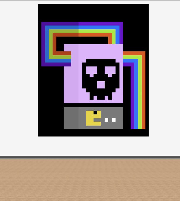 A pixel art poster displayed on a wall features a stylized skull on a purple background with rainbow trails, alongside a gray bar containing the letter "E" and two dots. The retro digital artwork playfully reflects the post's theme, showcasing pixelated imagery reminiscent of Bitcoin Ordinals, which are inscribed on the Bitcoin blockchain.