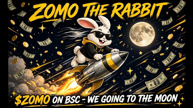A cartoon illustration of a rabbit wearing sunglasses riding a rocket to the moon amid flying money and coins, with text reading 'ZOMO THE RABBIT' and '$ZOMO ON BSC - WE GOING TO THE MOON'.