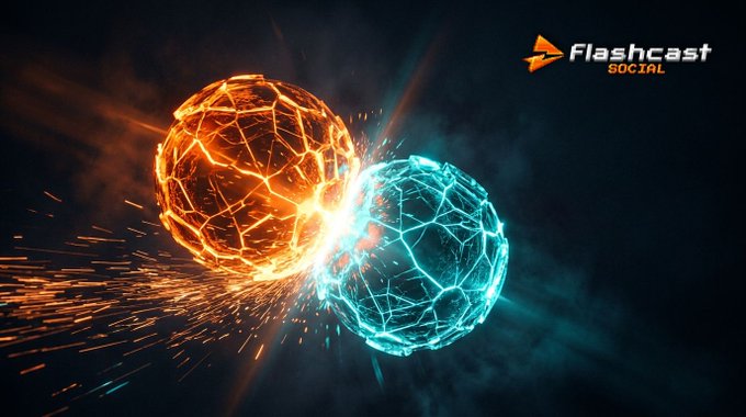 A dark promotional image with the Flashcast Social logo featuring two glowing orbs—one orange and one cyan—colliding with sparks.