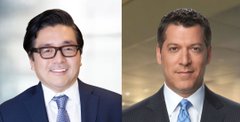 Two professionally dressed men in dark suits appear in a split-screen image—one wearing a blue patterned tie with glasses on the left, the other wearing a blue tie on the right—likely the featured guests being promoted for a CNBC Closing Bell appearance discussing rising rates and their market impact, with related tickers $BMNR and $BMNP mentioned in the post.